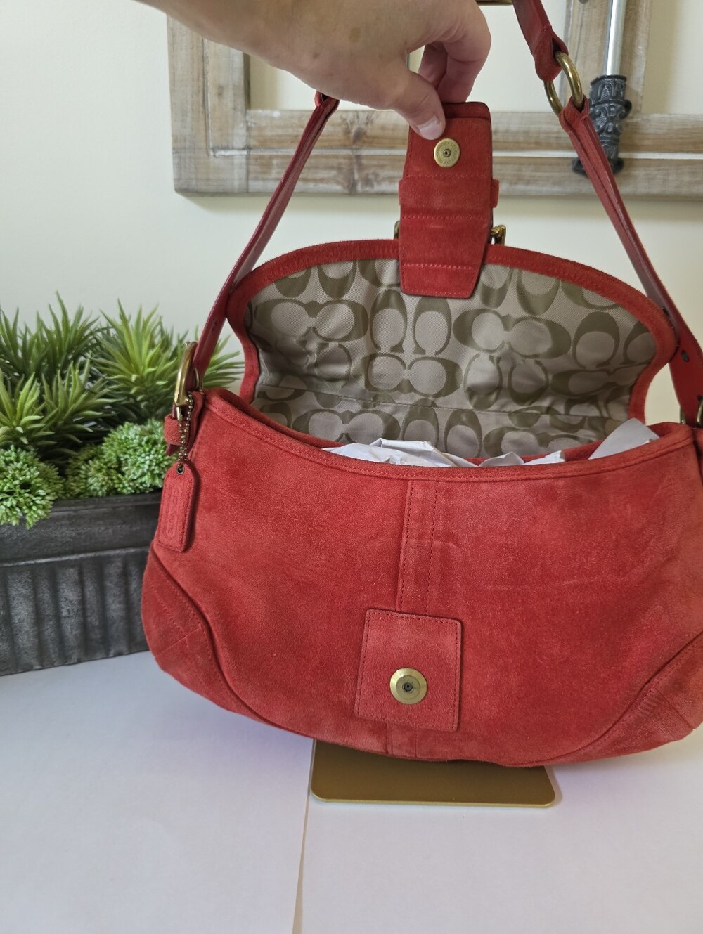 Vintage Coach Soho Large Rust Suede Buckle Flap Shoulder Bag Y2K - Picture 12 of 16